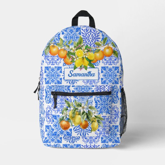 Siciliaans blauw geel citrus Mediterraan azulejo Bedrukte Rugzak (Voorkant)