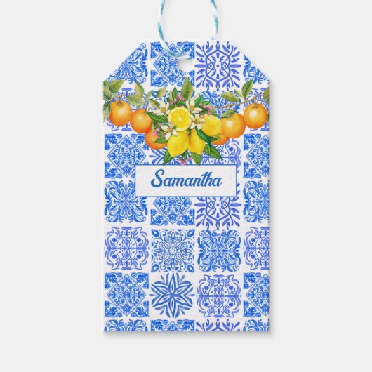 Siciliaans blauw geel citrus Mediterraan azulejo Cadeaulabel (Voorkant)