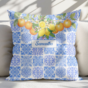 Siciliaans blauw geel citrus Mediterraan azulejo Kussen