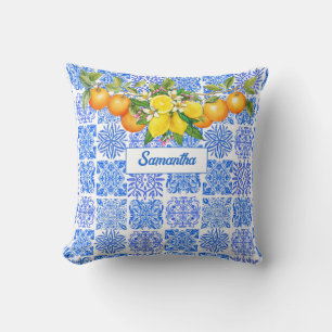 Siciliaans blauw geel citrus Mediterraan azulejo Kussen