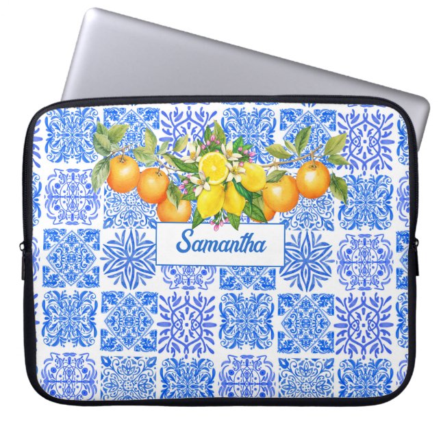 Siciliaans blauw geel citrus Mediterraan azulejo Laptop Sleeve (Voorkant)