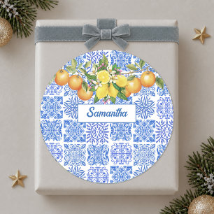 Siciliaans blauw geel citrus Mediterraan azulejo Ronde Sticker