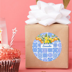 Siciliaans blauw geel citrus Mediterraan azulejo Ronde Sticker