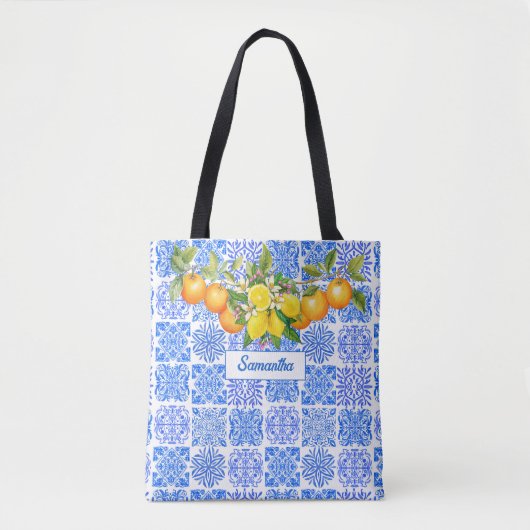 Siciliaans blauw geel citrus Mediterraan azulejo Tote Bag (Voorkant)