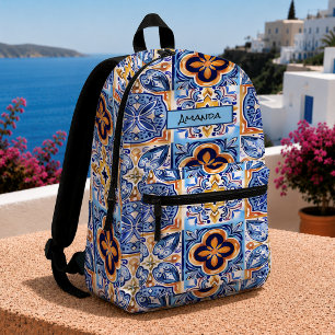 Siciliaans blauw geel mediterraan tegelpatroon bedrukte rugzak
