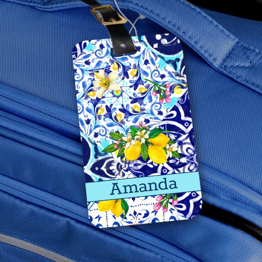 Siciliaans blauw Mediterraan citrus keramische teg Bagagelabel