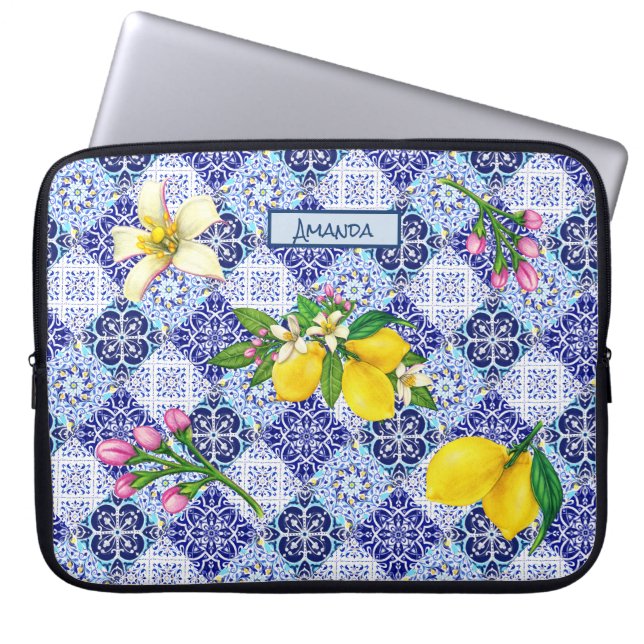 Siciliaans blauw Mediterraan citrus keramische teg Laptop Sleeve (Voorkant)