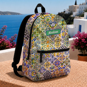 Siciliaans Majolica Groen Blauw Bloemmotief Tegels Bedrukte Rugzak