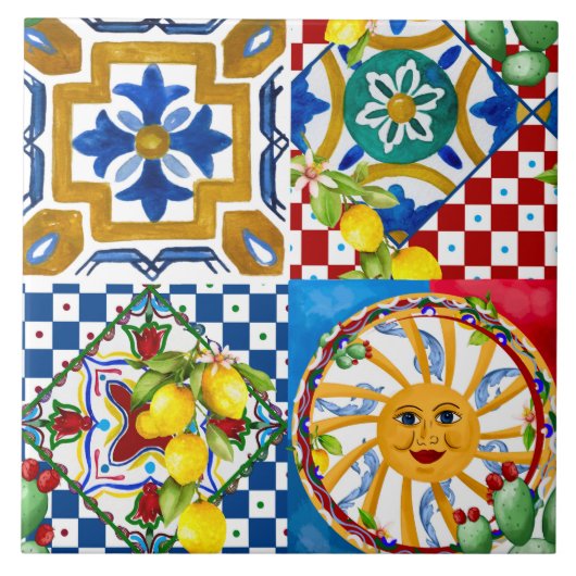 Siciliaans, majolica, zon, tegels, citroenen tegeltje (Voorkant)
