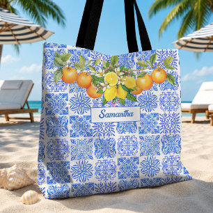Siciliaans Mediterraan Blauw Geel Citrus Azulejo Tote Bag