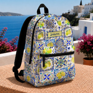 Siciliaans Mediterraan Blauw Geel Majolica Citrus Bedrukte Rugzak