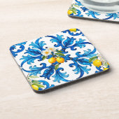 Siciliaans, zomer, citroen, mozaïek, blauw bier onderzetter (Linkerzijde)