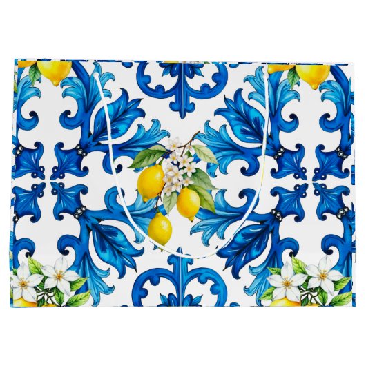 Siciliaans, zomer, citroen, mozaïek, blauw groot cadeauzakje (Achterkant)