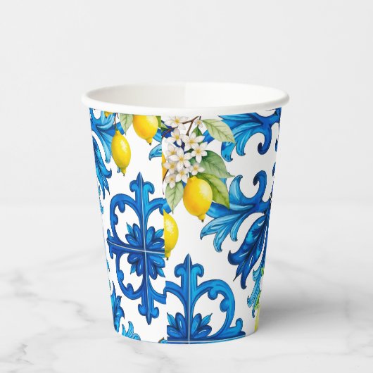 Siciliaans, zomer, citroen, mozaïek, blauw papieren bekers (Links)