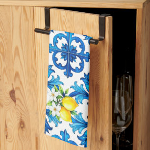 Siciliaans, zomer, citroen, mozaïek, blauw theedoek