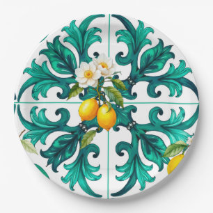 Siciliaans, zomer, citroen, mozaïek, groen, papieren bordje