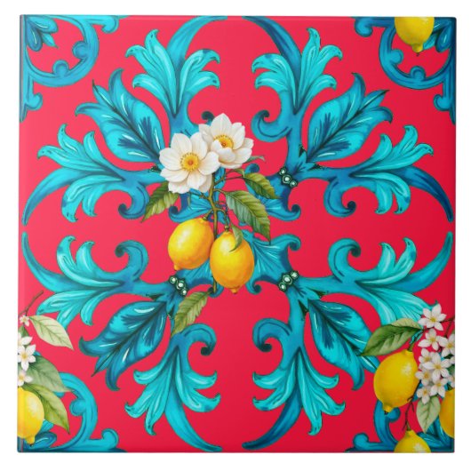 Siciliaans, zomer, citroen, mozaïek, roze, tegeltje (Voorkant)