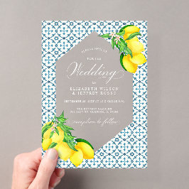Siciliaanse Blauwe Tegels Zomer Lemon Boho Bruilof Acryl Uitnodigingen