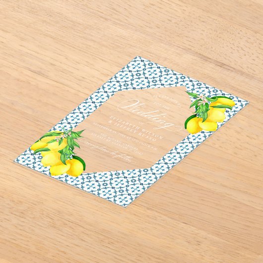 Siciliaanse Blauwe Tegels Zomer Lemon Boho Bruilof Acryl Uitnodigingen (Laagn)