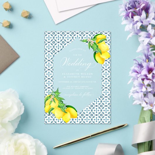 Siciliaanse Blauwe Tegels Zomer Lemon Boho Bruilof Acryl Uitnodigingen (Insitu (Huwelijk))
