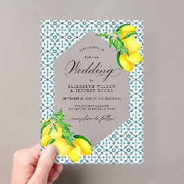 Siciliaanse Blauwe Tegels Zomer Lemon Boho Bruilof Acryl Uitnodigingen