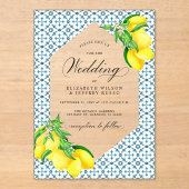 Siciliaanse Blauwe Tegels Zomer Lemon Boho Bruilof Acryl Uitnodigingen (Voorkant)