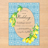 Siciliaanse Blauwe Tegels Zomer Lemon Boho Bruilof Acryl Uitnodigingen (Voorkant)
