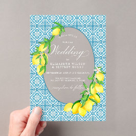 Siciliaanse Blauwe Tegels Zomer Lemon Boho Bruilof Acryl Uitnodigingen