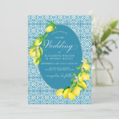 Siciliaanse Blauwe Tegels Zomer Lemon Boho Bruilof Kaart (Staand voorkant)