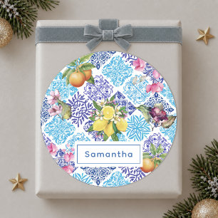 Siciliaanse citrus bloemrijke mediterrane azulejo ronde sticker