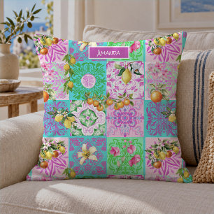 Siciliaanse Citrus Tegel Collage in Chic Roze Kussen