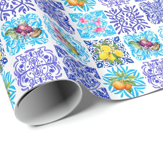 Siciliaanse citrusbloem Mediterrane azulejo tegels Cadeaupapier (Rol Hoek)