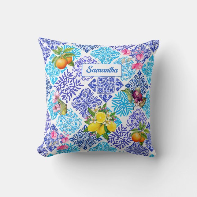 Siciliaanse citrusbloem Mediterrane azulejo tegels Kussen (Voorkant)