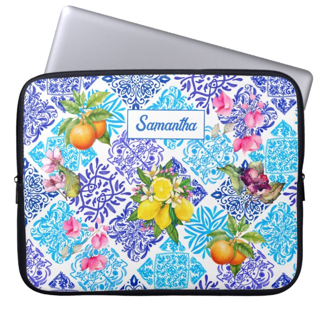 Siciliaanse citrusbloem Mediterrane azulejo tegels Laptop Sleeve (Voorkant)