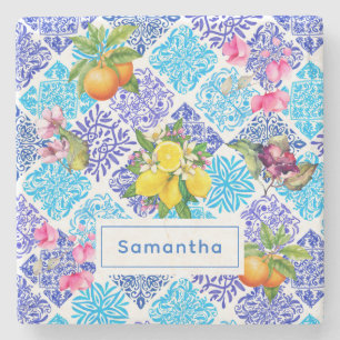 Siciliaanse citrusbloem Mediterrane azulejo tegels Stenen Onderzetter