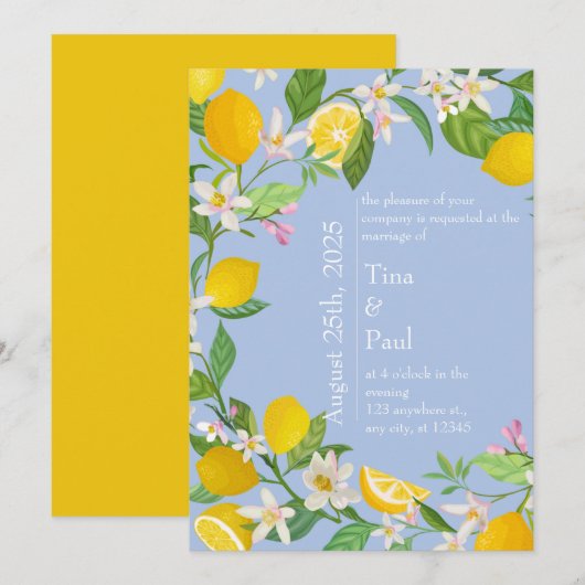 Siciliaanse Mediterraans Blauwe Citroen Bruiloft Kaart (Voorkant / Achterkant)