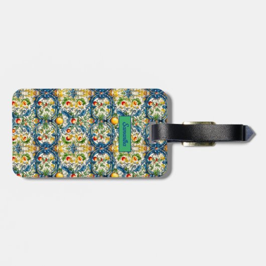 Siciliaanse mediterrane citrusblauwe tegels bagagelabel (Achterkant horizontaal)