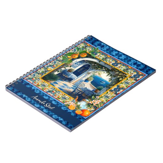 Siciliaanse mediterrane citrusblauwe tegels notitieboek (Linkerzijde)