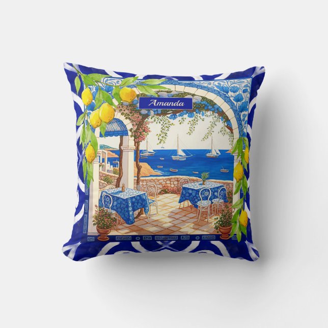 Siciliaanse mediterrane majolica citrus blauwe teg kussen (Voorkant)