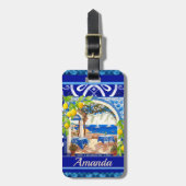 Siciliaanse mediterrane majolica citrusblauwe tege bagagelabel (Voorkant verticaal)