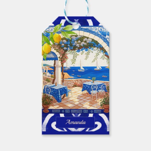 Siciliaanse mediterrane majolica citrusblauwe tege cadeaulabel (Voorkant)