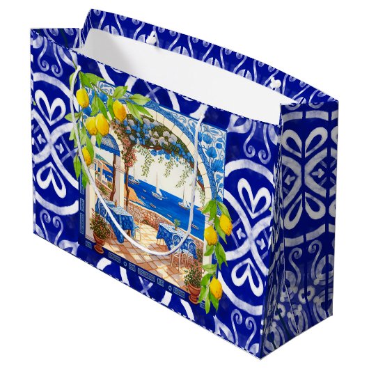 Siciliaanse mediterrane majolica citrusblauwe tege groot cadeauzakje (Achterkant Gekanteld)