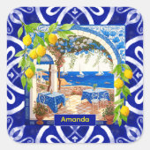 Siciliaanse mediterrane majolica citrusblauwe tege vierkante sticker (Voorkant)