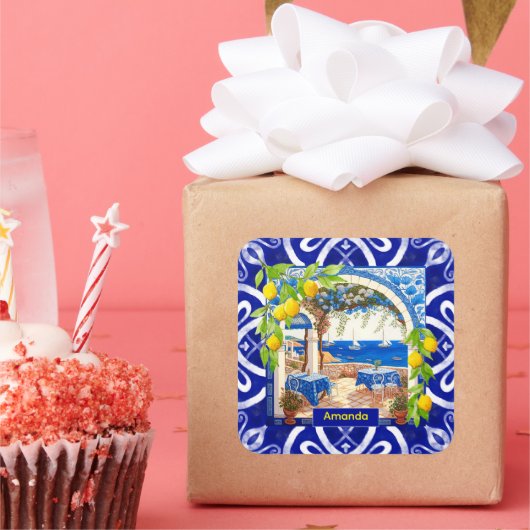 Siciliaanse mediterrane majolica citrusblauwe tege vierkante sticker (Feest)