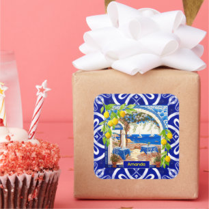 Siciliaanse mediterrane majolica citrusblauwe tege vierkante sticker