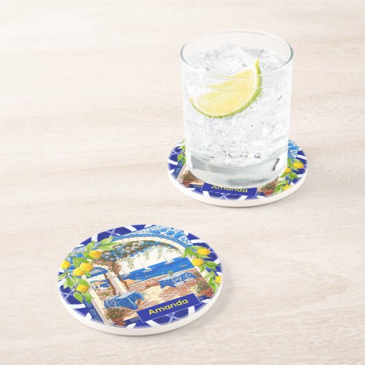 Siciliaanse mediterrane majolica citrusblauwe tege zandsteen onderzetter (Zijkant)