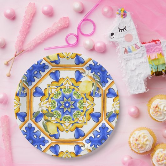 Siciliaanse stijl, citroenen, majolica papieren bordje (Feest)