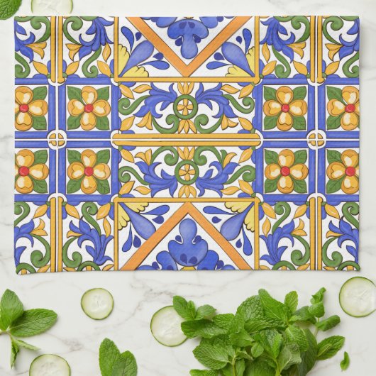 Siciliaanse stijl, majolica, zomer, kleurrijk patr theedoek (Gevouwen)