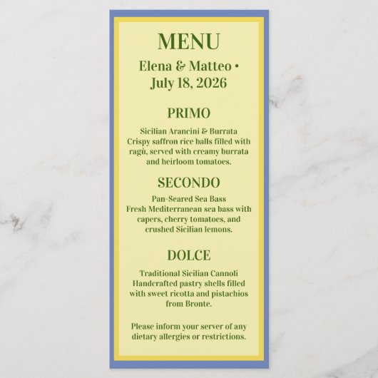 Siciliaanse Tegel & Citroen Trouwfeest Menu (Voorkant)