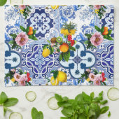 Siciliaanse tegels, majolica,citroenen,citrusvruch theedoek (Gevouwen)